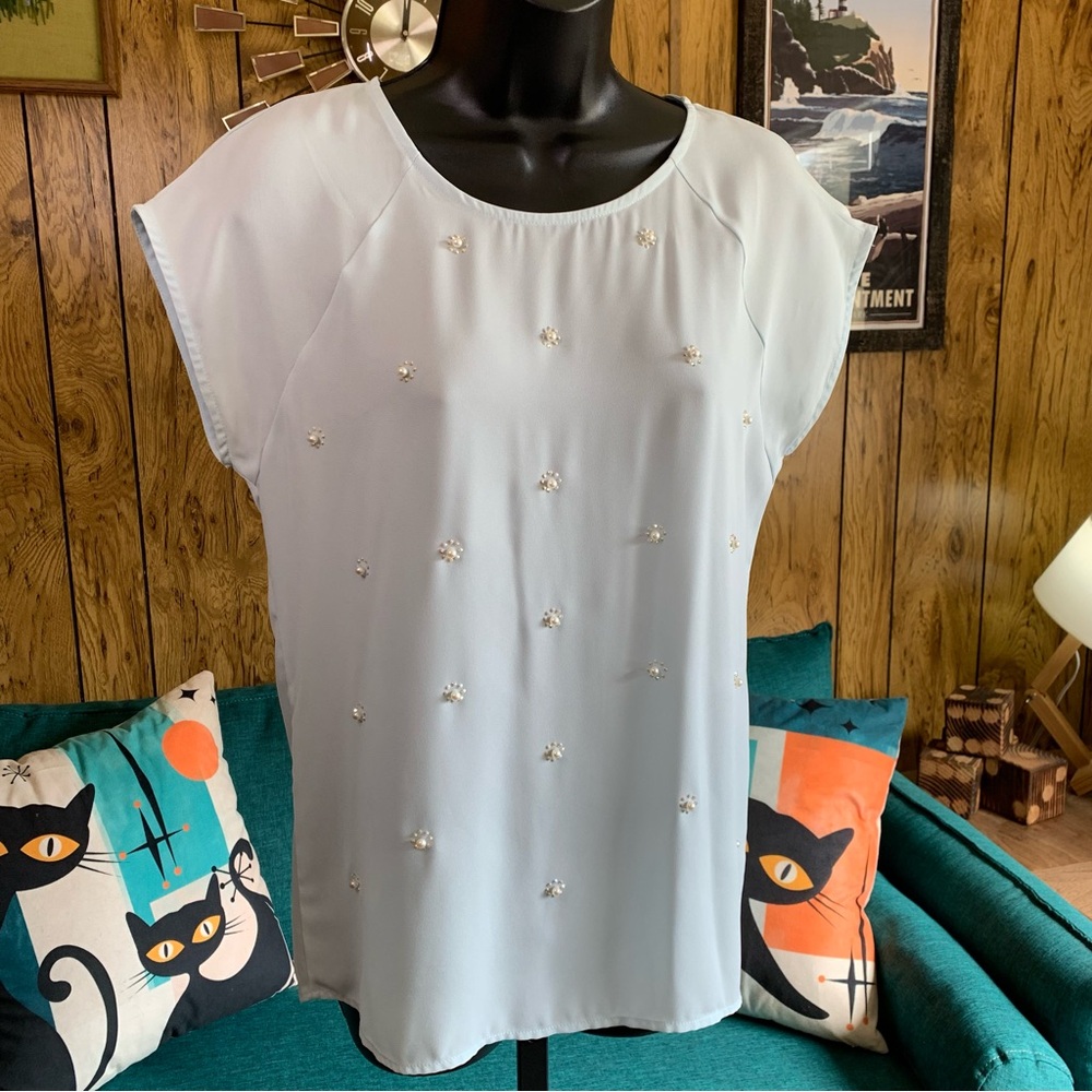 Ro & De Baby Blue Blouse with Jeweled Pearl Details